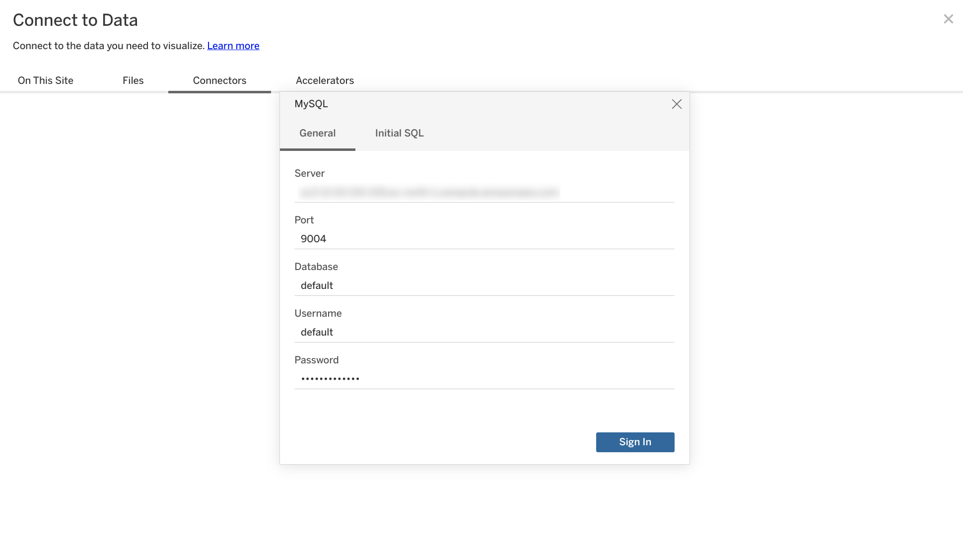 Экран конфигурации подключения MySQL в Tableau Online с полями для сервера, порта, базы данных и учетных данных